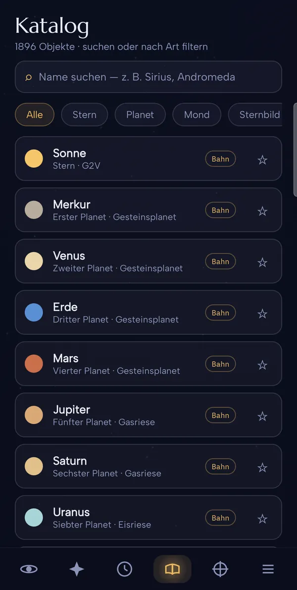 Constellations: Katalog mit 1896 Objekten, Suchfeld und Filter nach Stern, Planet, Mond und Sternbild