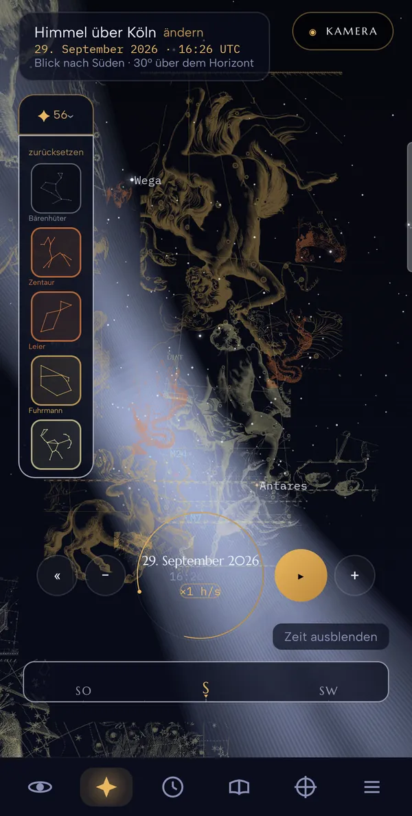 Constellations: Himmel mit Sternbild-Figuren und Zeitregler