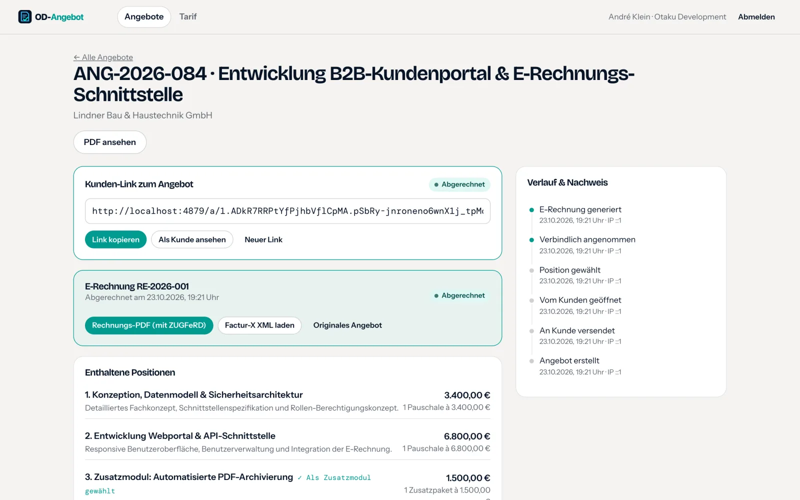 Verwaltung von OD-Angebot mit Rechnungsgenerierung und Verlauf