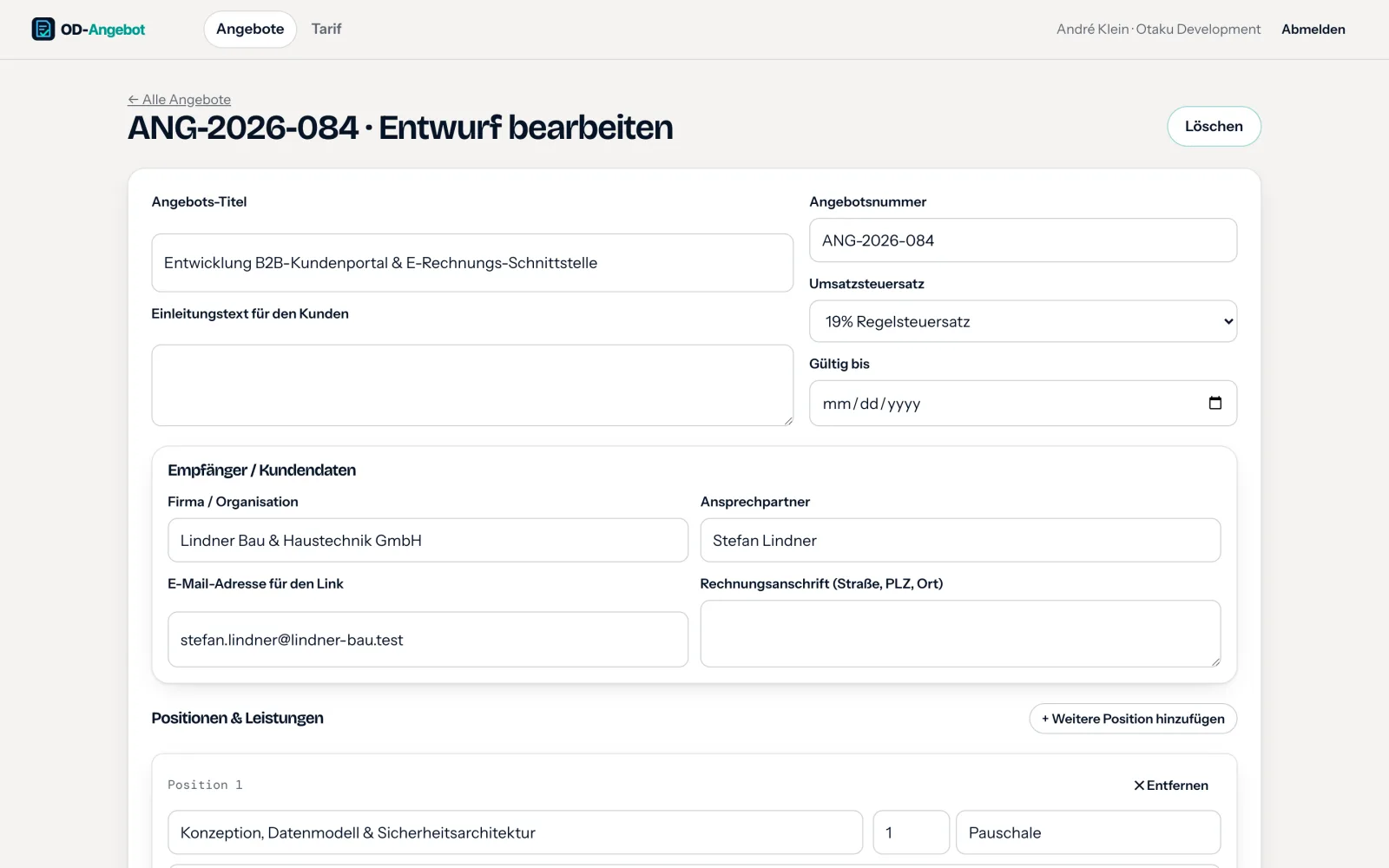 Angebots-Editor in OD-Angebot mit Positionen und Wahl-Optionen
