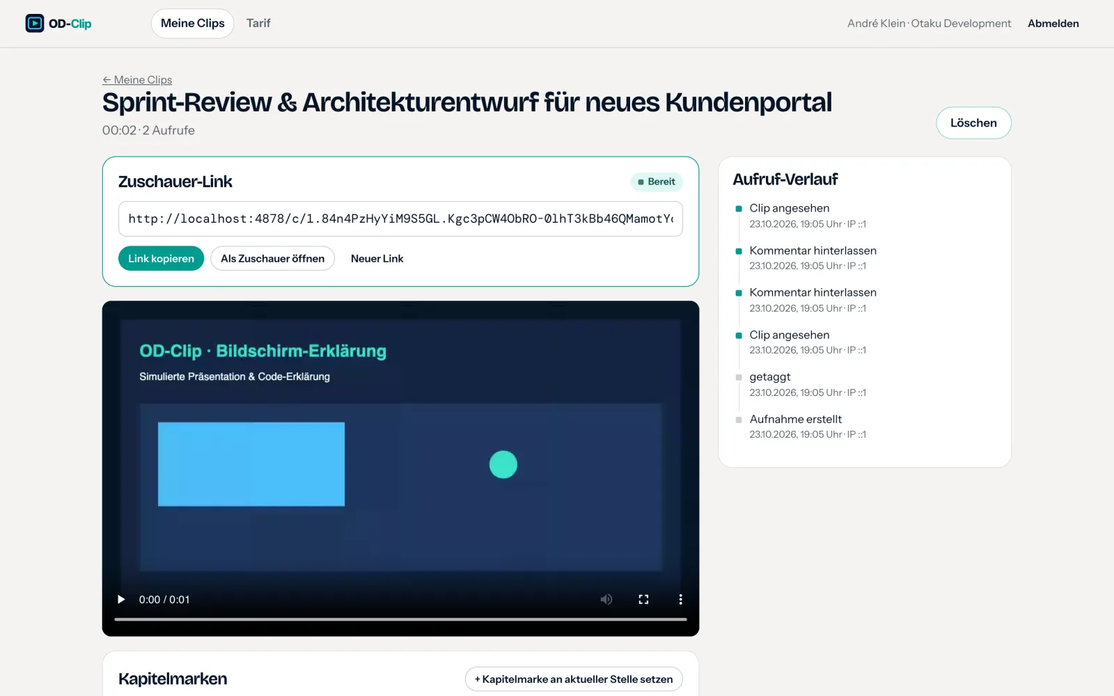Verwaltung von OD-Clip mit Videoplayer, Kapiteln und Aufruf-Verlauf