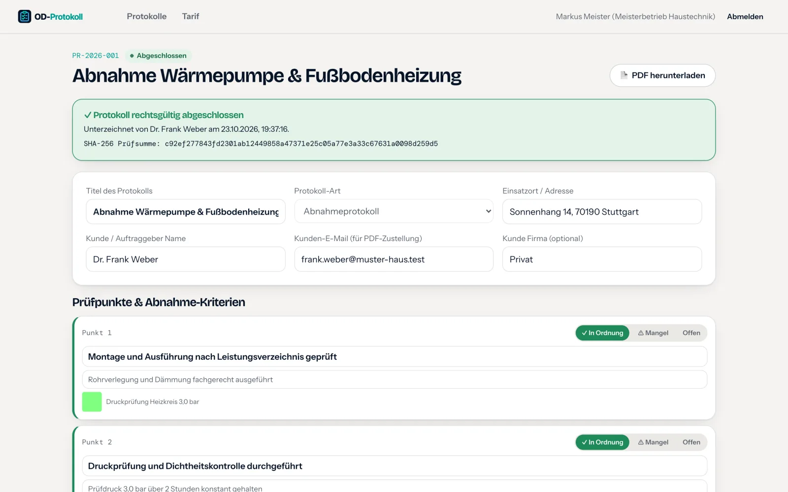 Verwaltung von OD-Protokoll mit Checklisten, Zählerständen und Verlauf