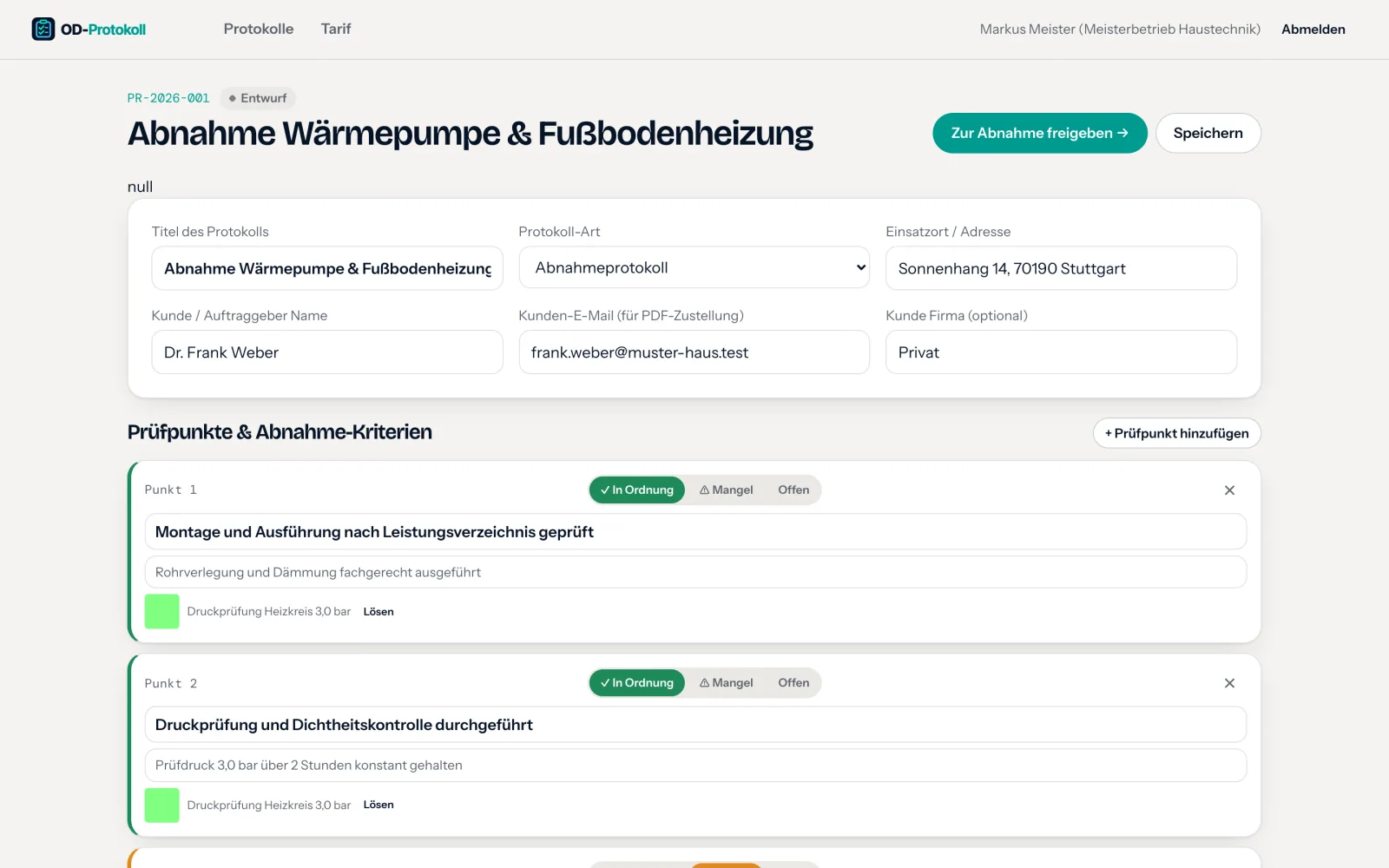 Protokoll-Editor in OD-Protokoll mit Checkliste und Zählerständen