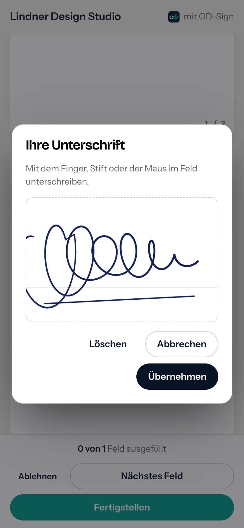 Unterschreiben mit dem Finger auf dem Handy in OD-Sign