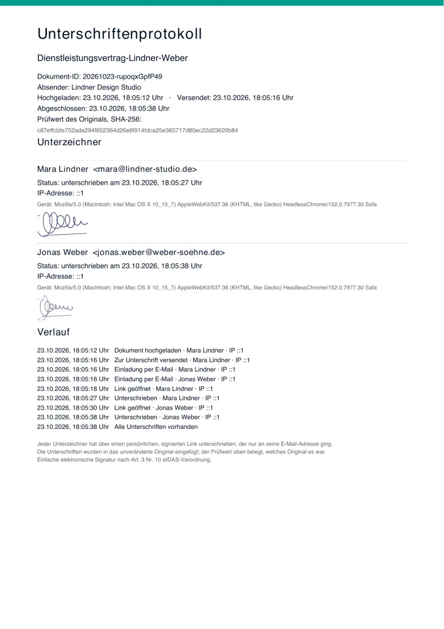 Unterschriftenprotokoll von OD-Sign mit Prüfwert des Originals, Unterzeichnern und Zeitverlauf