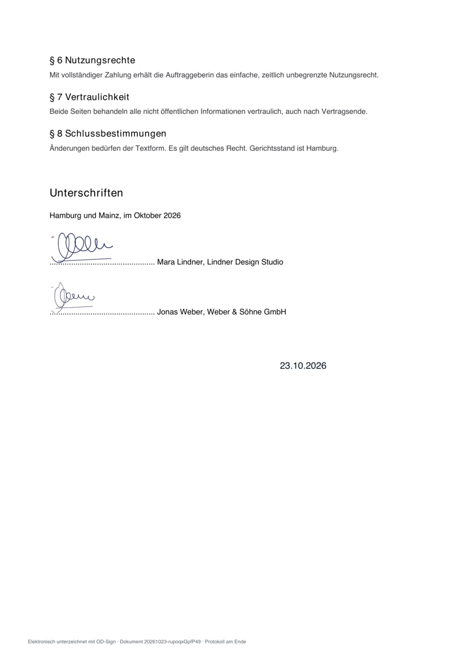 Fertiges PDF mit zwei eingesetzten Unterschriften auf den Unterschriftslinien