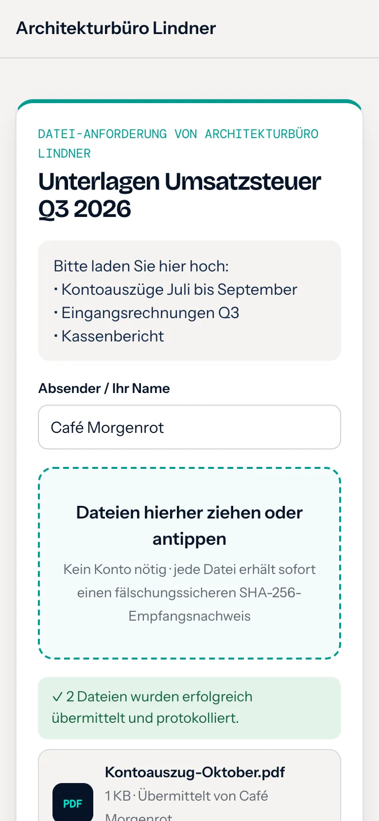 Abhol-Link am Smartphone: Mandant lädt Unterlagen ohne Konto hoch