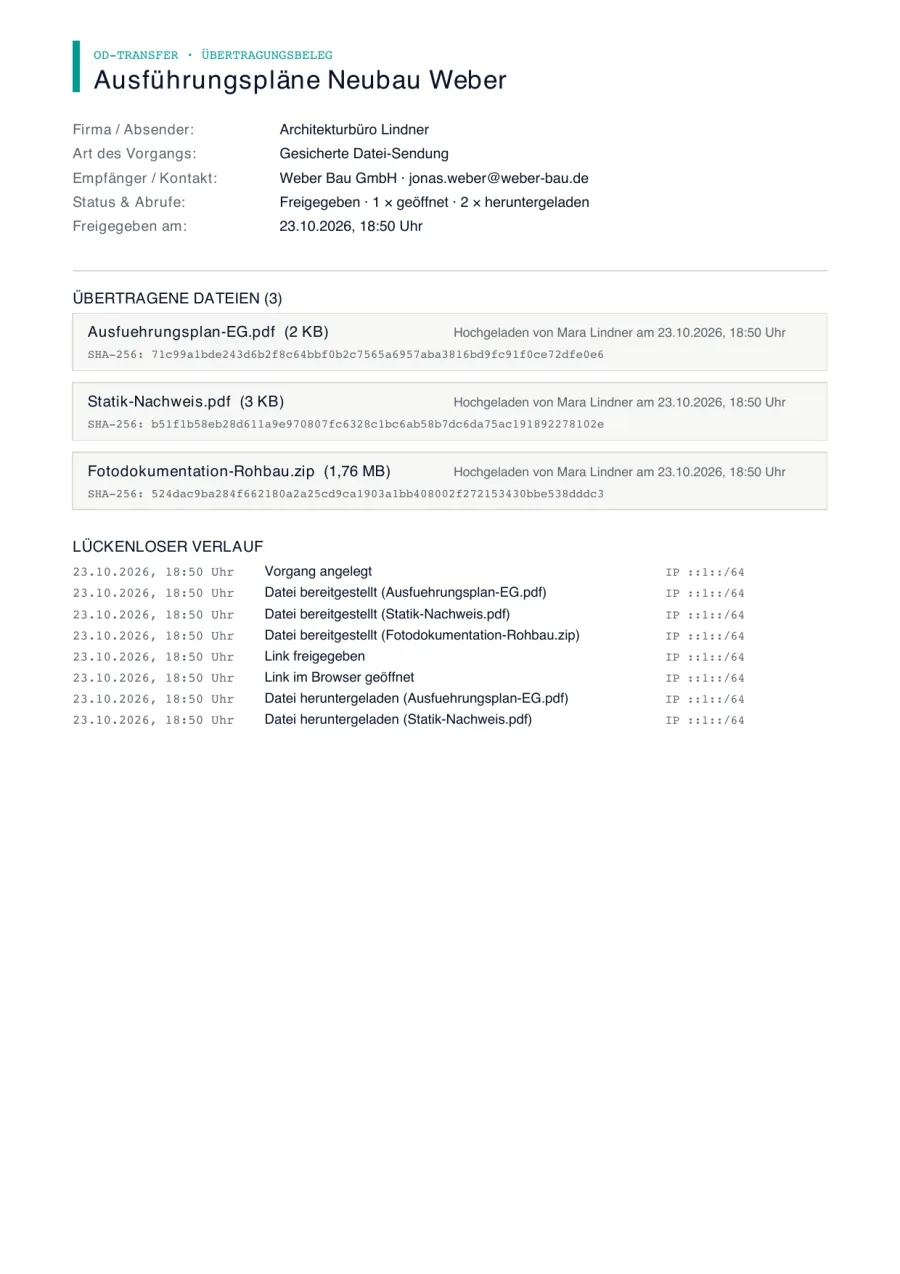 PDF-Übertragungsbeleg mit Prüfwerten, Größen und lückenlosem Verlauf