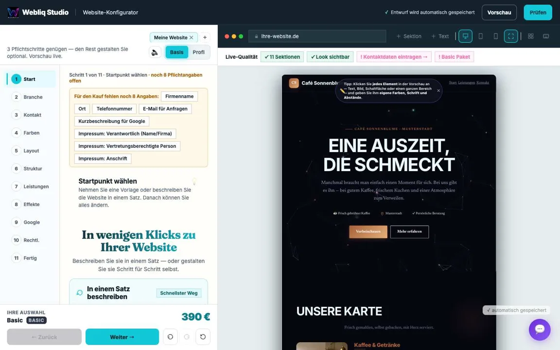 Web-Anwendung aus eigener Entwicklung: der Webliq-Konfigurator mit elf Schritten, Live-Vorschau und Preis