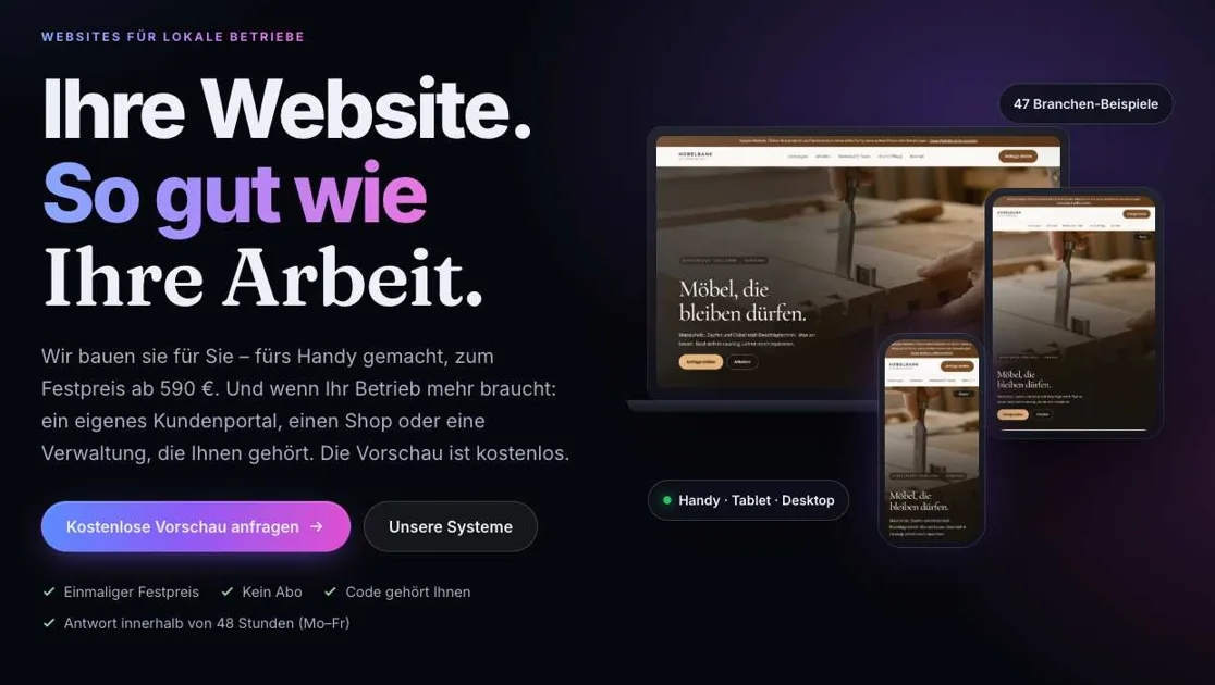 Startseite von webliq.de: „Ihre Website. So gut wie Ihre Arbeit.“ mit Festpreis ab 590 € und einer Beispiel-Website auf Laptop, Tablet und Handy